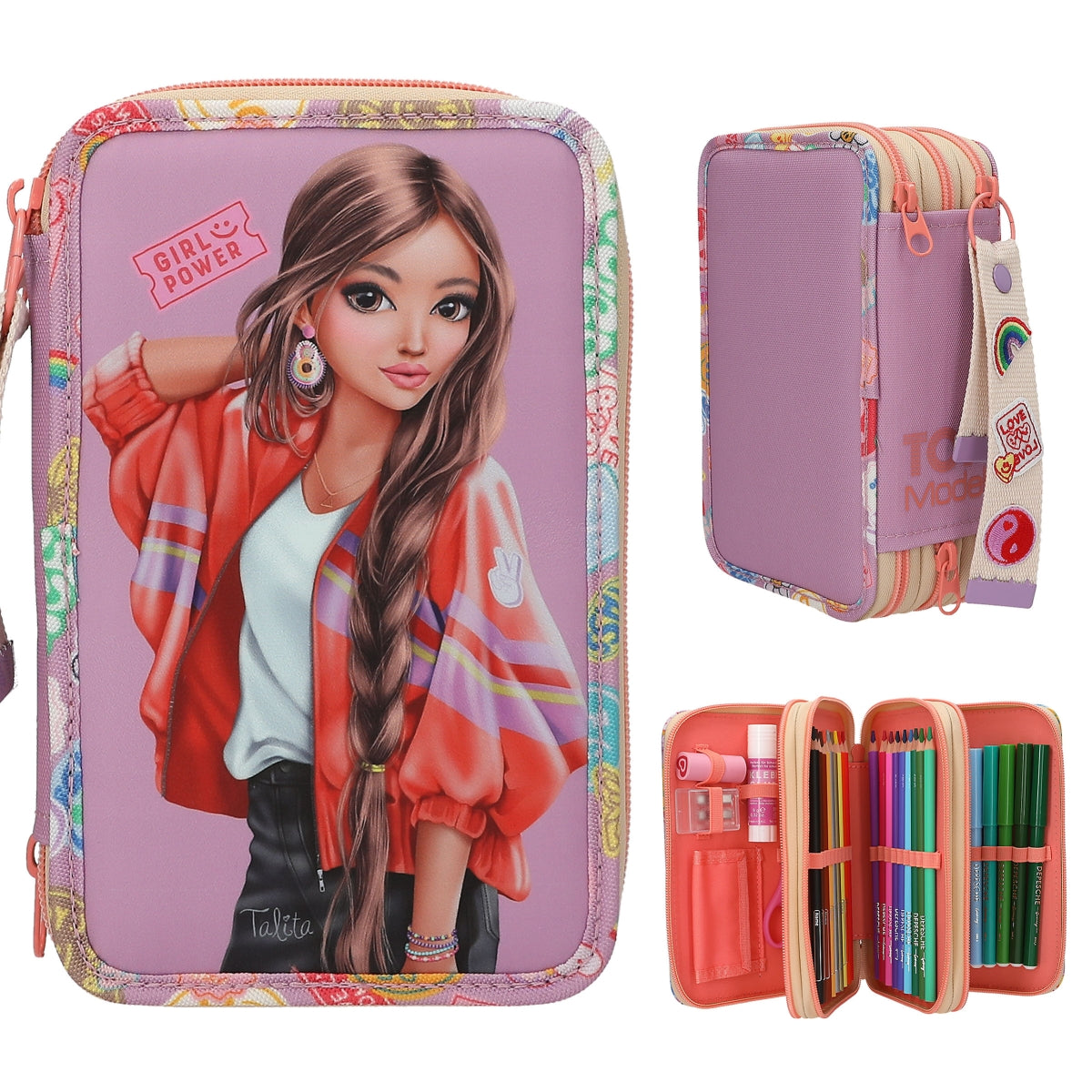 Stoere Paarse Etui met Drie Vakken - Girl Power