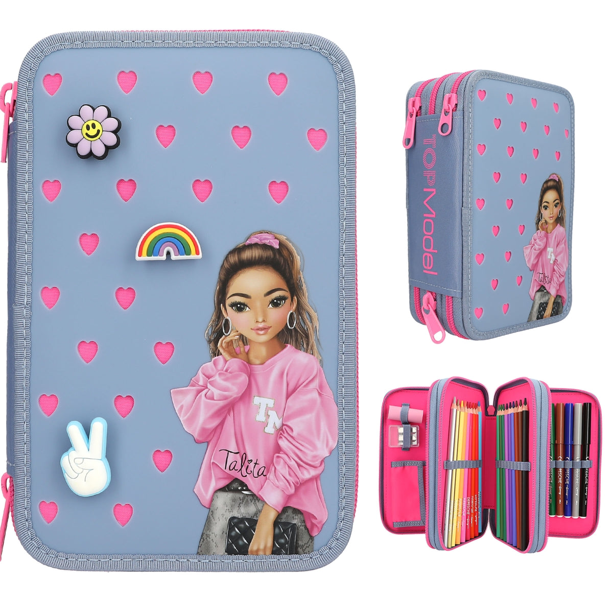 TOPModel 3-vaks etui blauw met kleurrijke pins