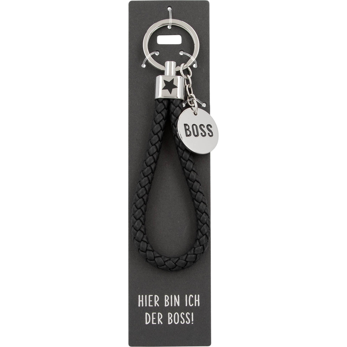 Sleutelhanger 'Boss' - Zwarte Lederlook met Metalen Bedel