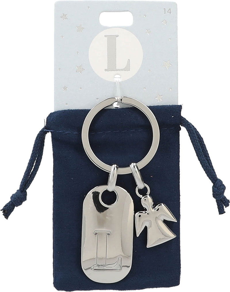 Zilverkleurige Sleutelhanger L met Engel & Fluwelen Zakje
