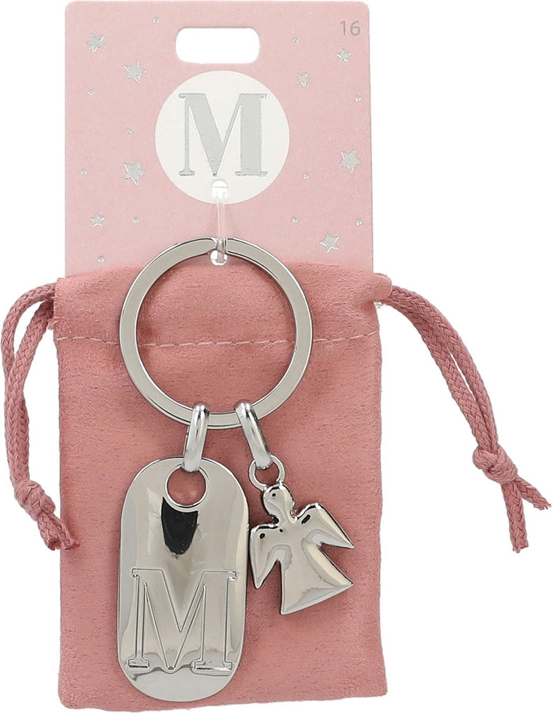 Sleutelhanger M met Engel & Roze Fluwelen Zakje