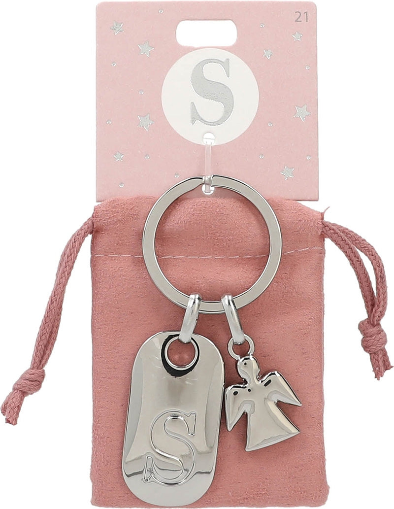 Sleutelhanger met Letter S en Engel in Roze Zakje