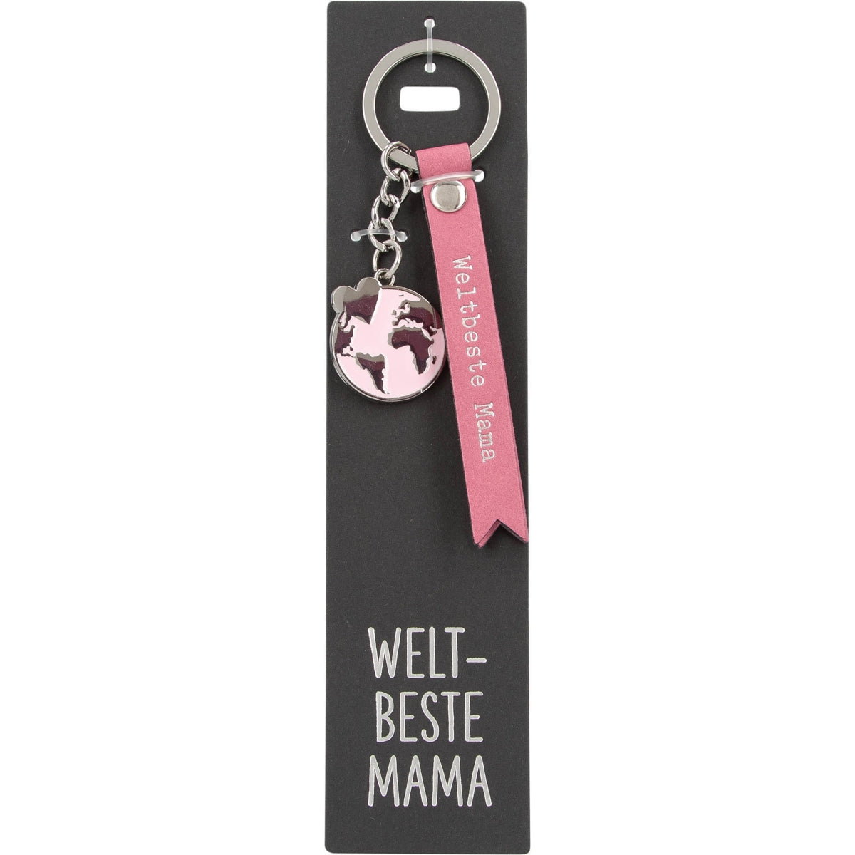 Roze Sleutelhanger 'Weltbeste Mama' met Wereldbol Bedel