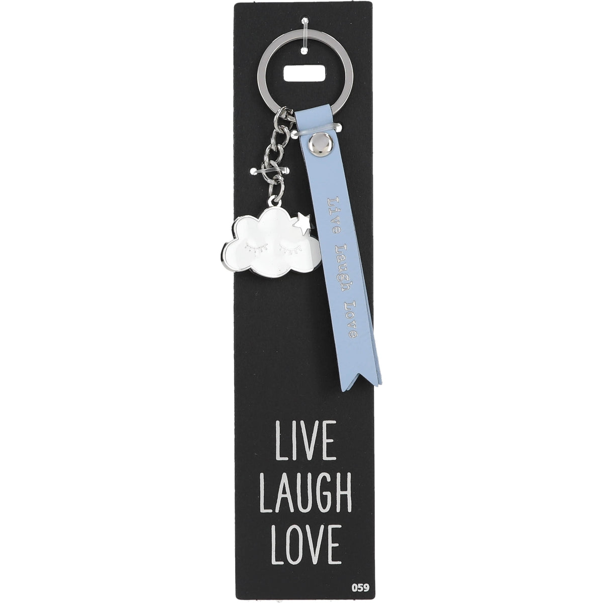 Lichtblauwe Sleutelhanger 'Live Laugh Love' met Bedel