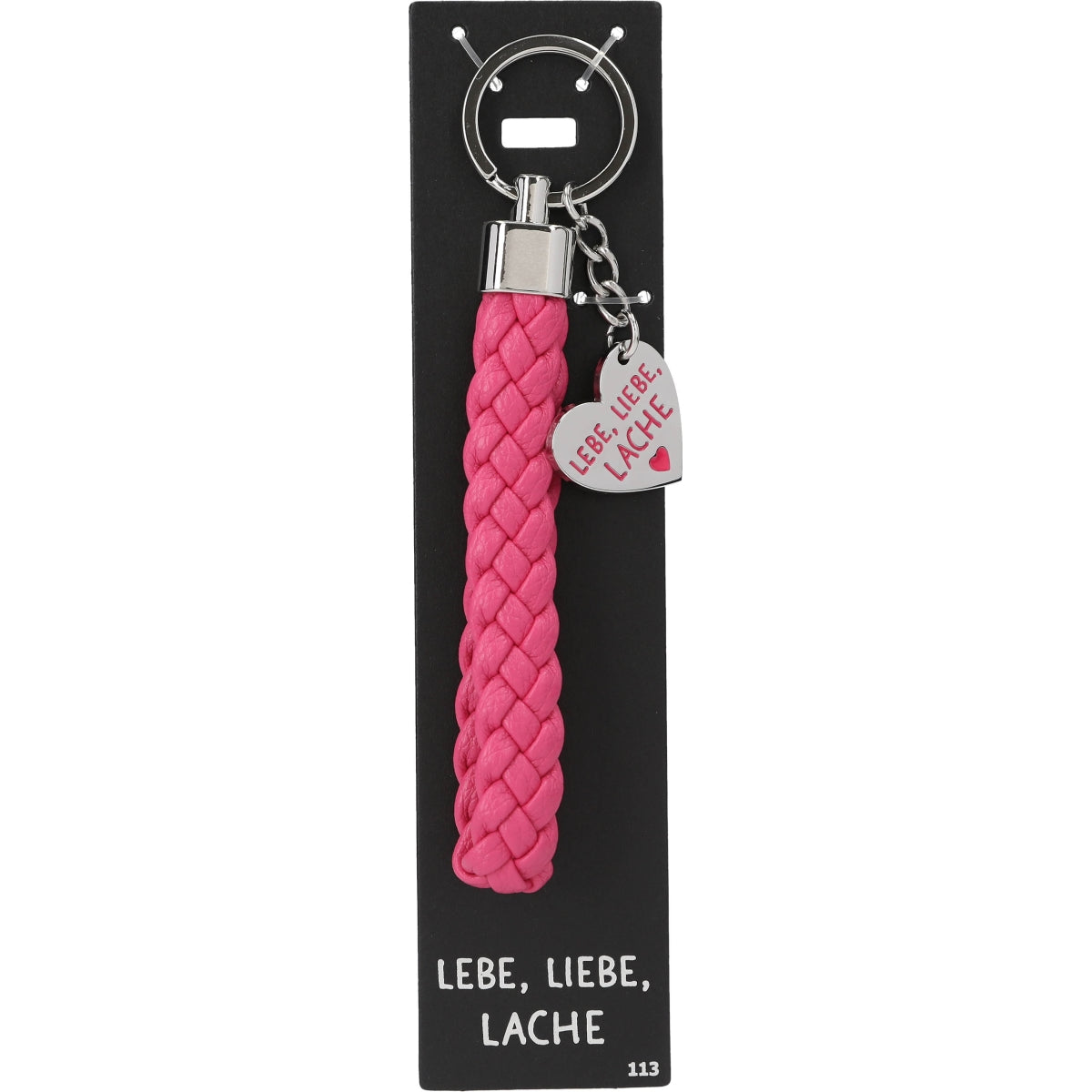 Fuchsia Sleutelhanger 'Lebe, liebe, lache' met Hartbedel